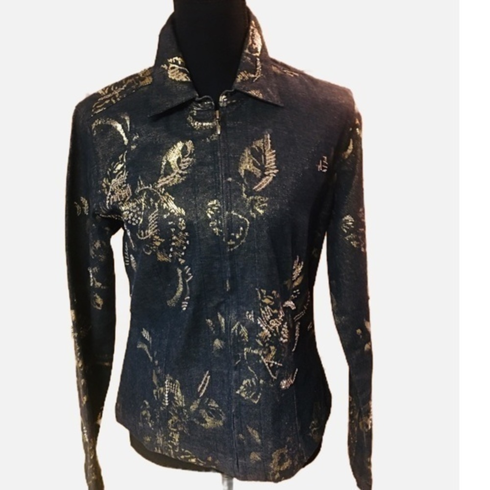 Fitted Black Denim Embroidered Rhinestone Jacket By Chico's, Size 0